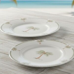 Gibson Bahama Bay Salad Plates, Set of 2, Vintage Palm Tree Ceramic Dinnerware